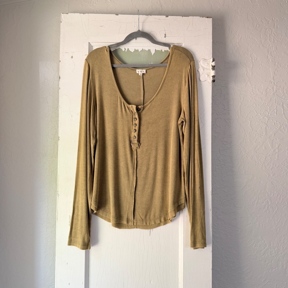 POL Womens Olive Green Ribbed Long Sleeve Henley Top SMT2014 Size M